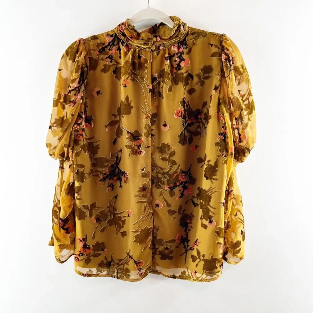 Floral Keyhole Mock Neck Blouse - Mustard - Picture 8 of 11